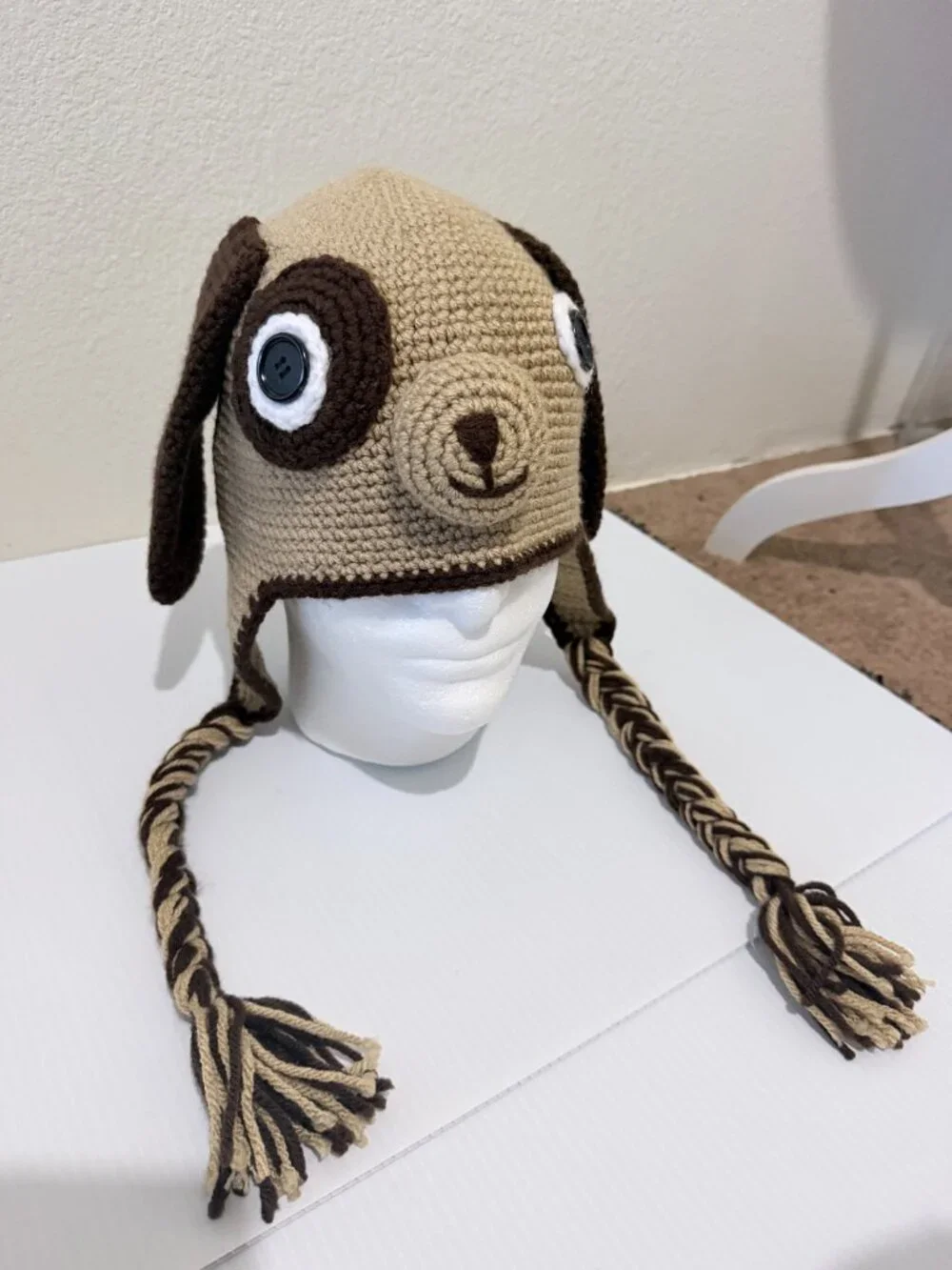 Crochet Puppy Dog Hat | Handmade Earflap Beanie with Braided Tassels